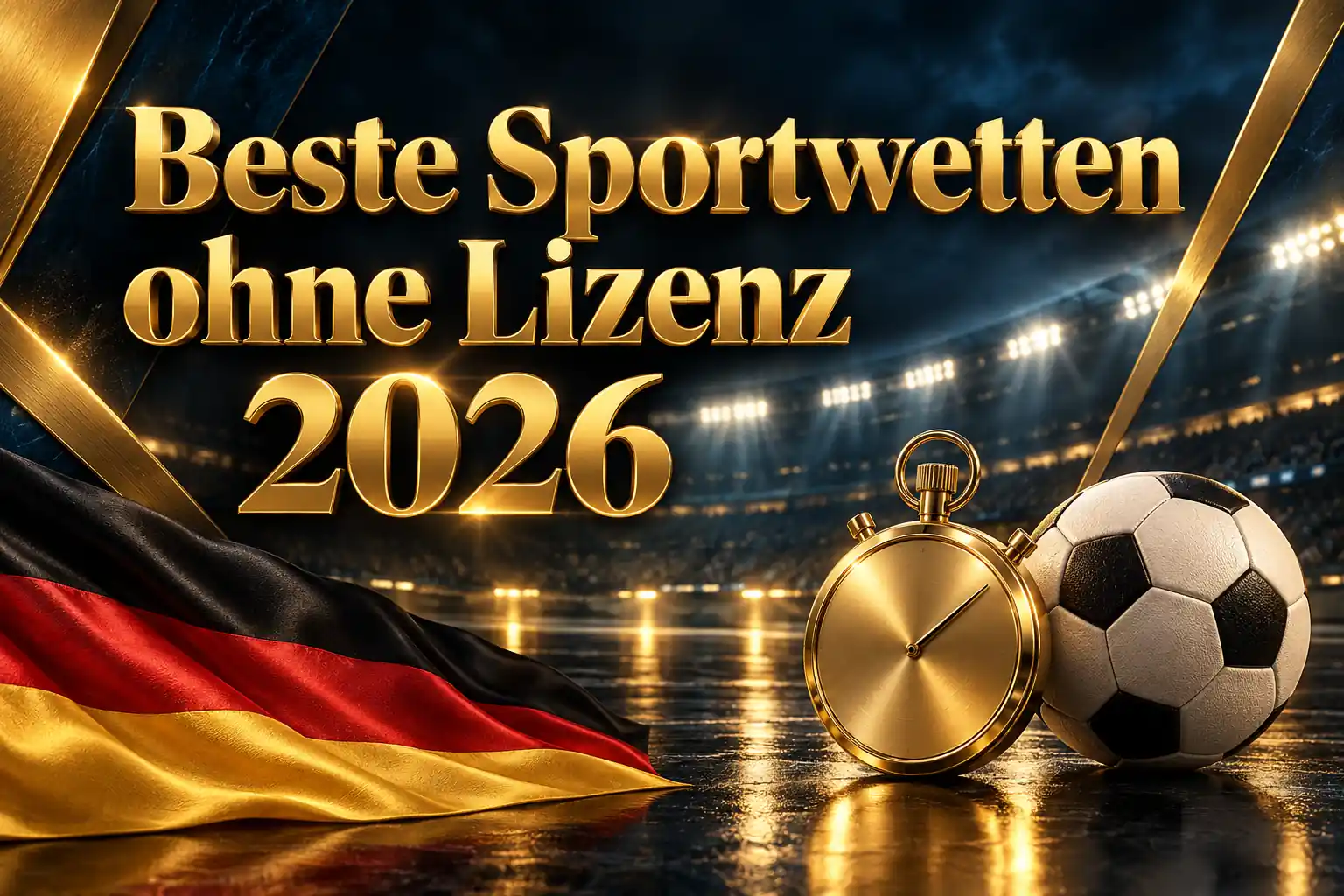 Beste Sportwetten ohne Lizenz 2026 – goldener Schriftzug mit Fußball, goldener Stoppuhr und deutscher Flagge vor einem beleuchteten Stadion
