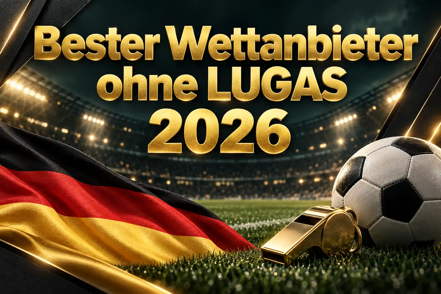 Bester Wettanbieter ohne LUGAS 2026 – goldener Schriftzug mit Fußball, goldener Schiedsrichterpfeife und deutscher Flagge im beleuchteten Stadion