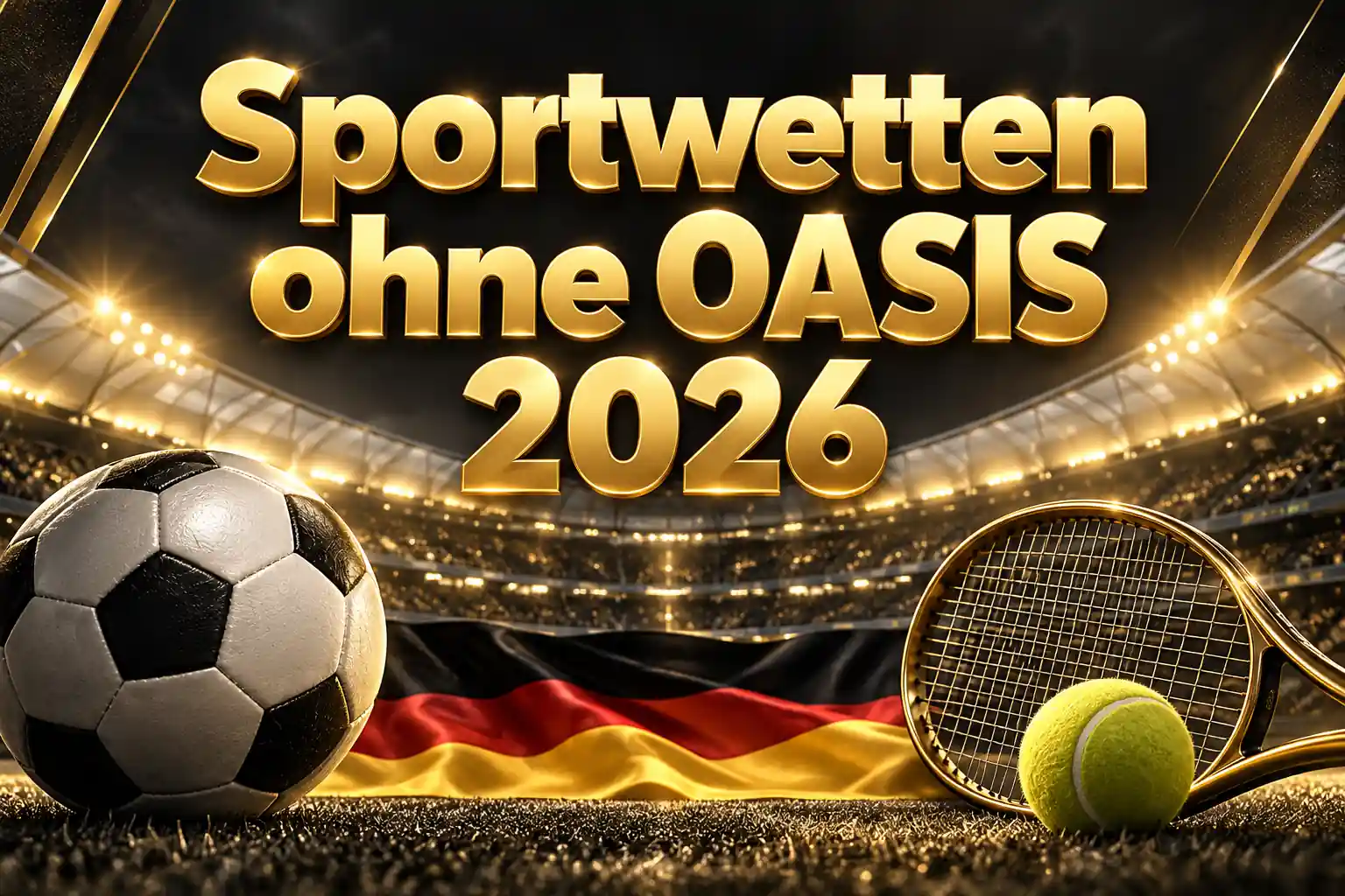 Sportwetten ohne OASIS 2026 – goldener Schriftzug mit Fußball, goldenem Tennisschläger, Tennisball und deutscher Flagge im beleuchteten Stadion